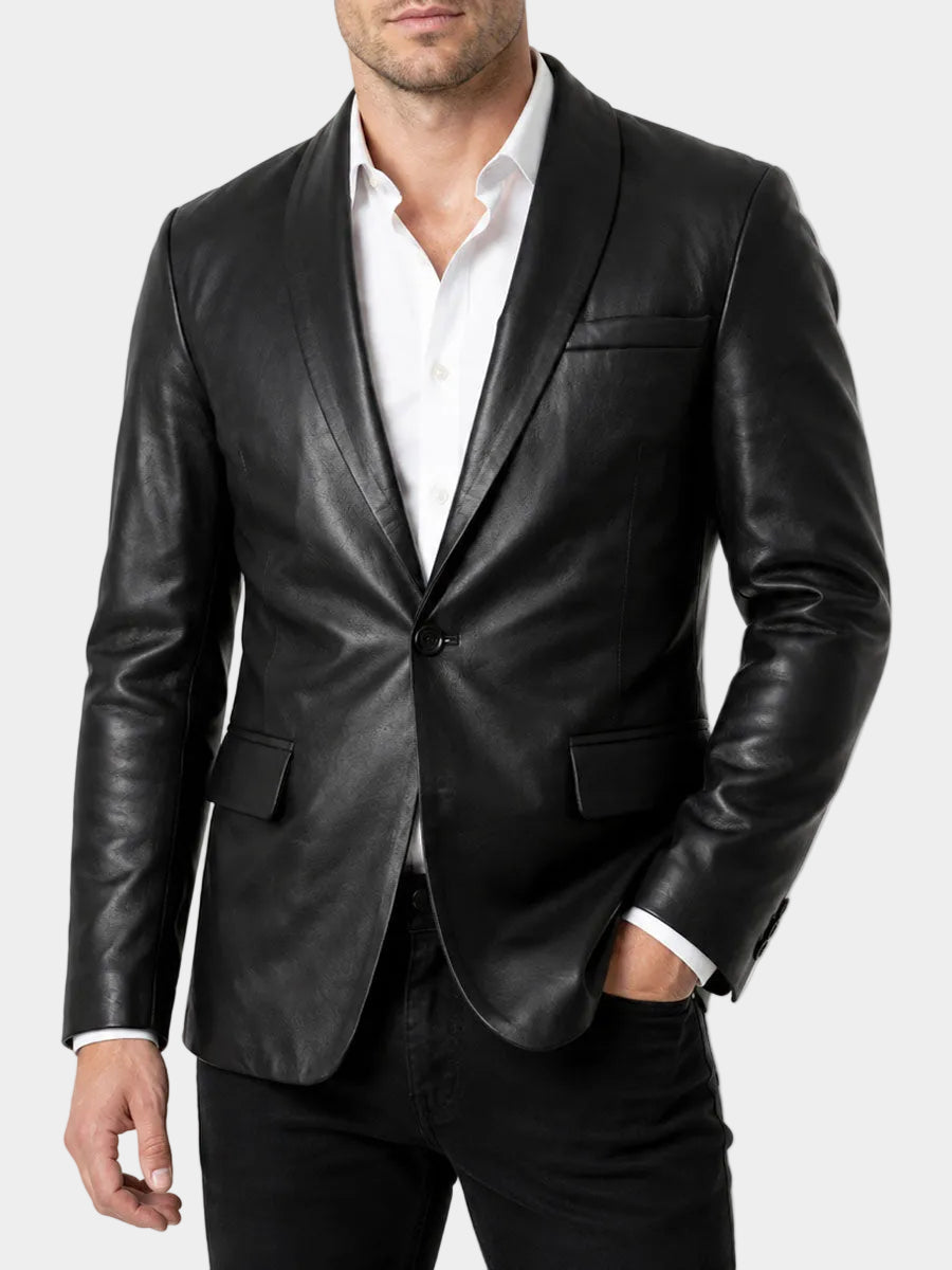 Aldric Shawl Collar Black Leather Blazer