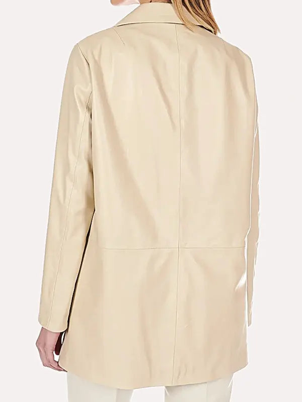 3/4 Length Beige Leather Jacket For Women