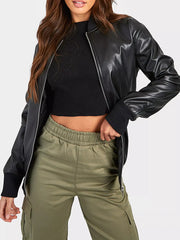 Black Oversized Bomber Leather Jacket For Women