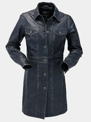 Black Vintage Leather Coat For Women