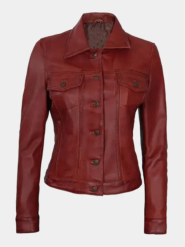 Bold & Stylish Women's Red Leather Trucker Jacket