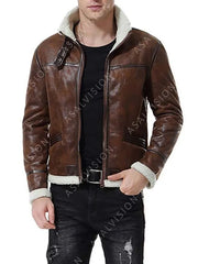 Bomber Waxed Brown Shearling Leather Jacket Mens