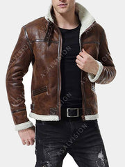 Bomber Waxed Brown Shearling Leather Jacket Mens