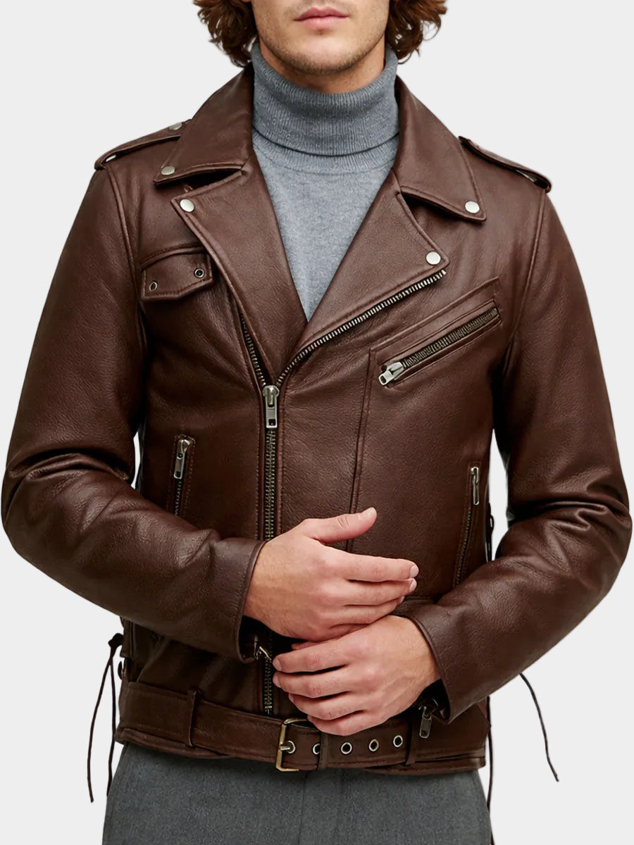 Bravik Brown Genuine Leather Biker Jacket