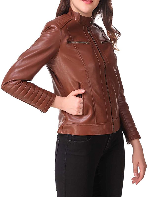 Brown Motorcycle Leather Jacket For Women's