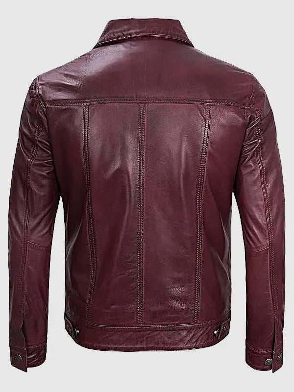 Burgundy Trucker Leather Jacket For Men
