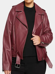 Burgundy Oversized Real Leather Biker Jacket For Women