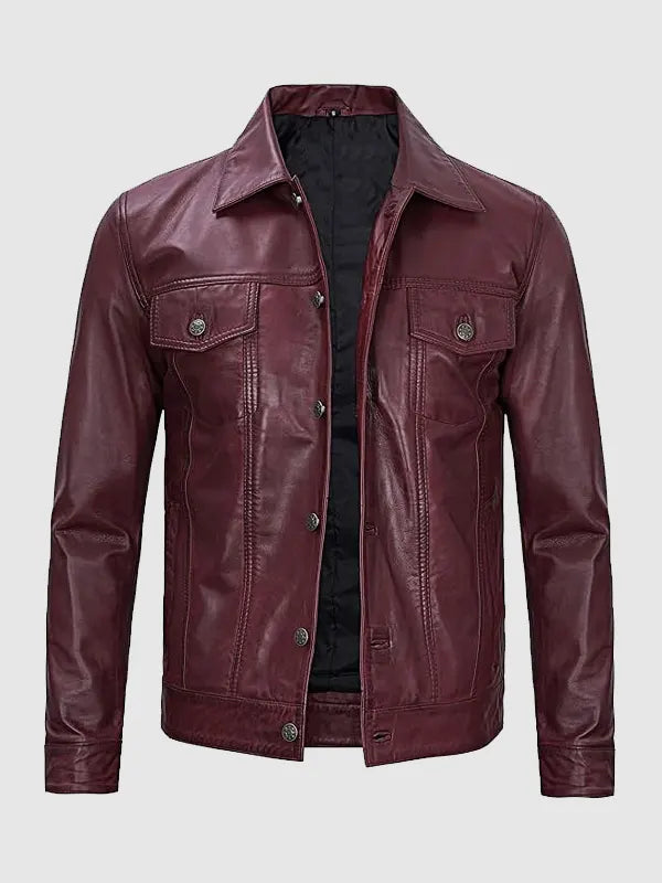 Burgundy Trucker Leather Jacket For Men