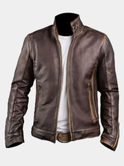 Brown Stand Collar Distressed Leather Jacket