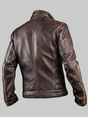Brown Stand Collar Distressed Leather Jacket