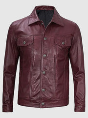 Burgundy Trucker Leather Jacket For Men