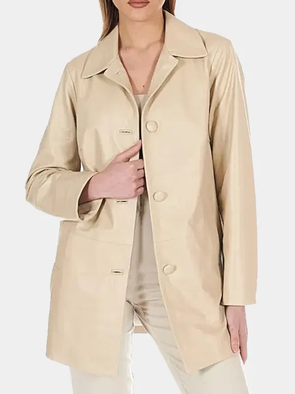 3/4 Length Beige Leather Jacket For Women