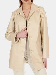 3/4 Length Beige Leather Jacket For Women