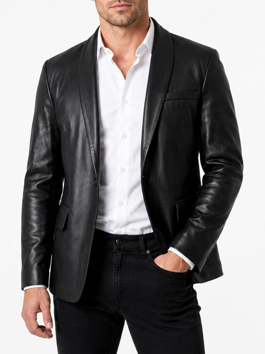 Aldric Shawl Collar Black Leather Blazer