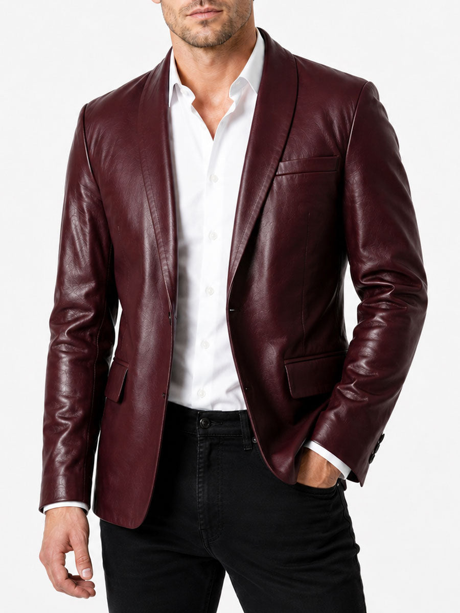 Aldric Shawl Collar Burgundy Leather Blazer