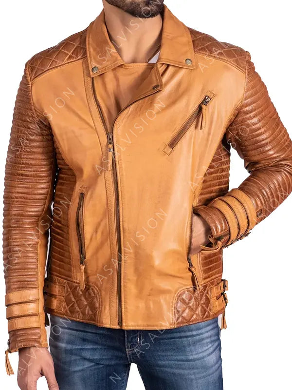 Adrian Quilted Tan Biker Leather Jacket