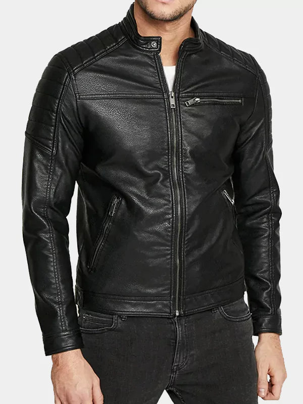 Black Cafe Racer Real Leather Jacket For Men