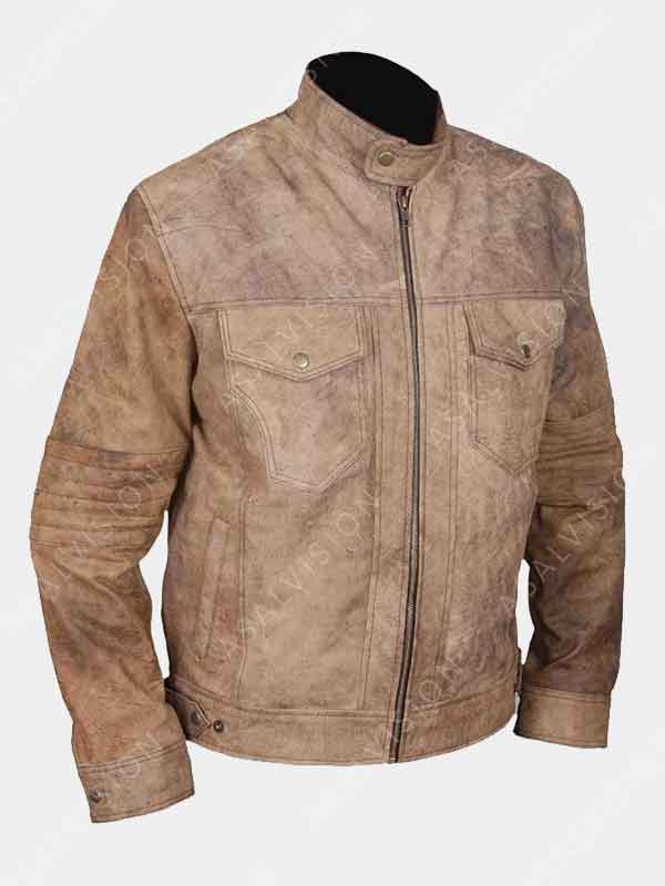 Branton Khaki Distressed Cafe Racer Jacket