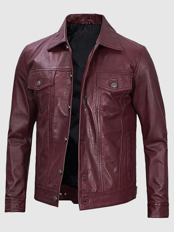 Burgundy Trucker Leather Jacket For Men
