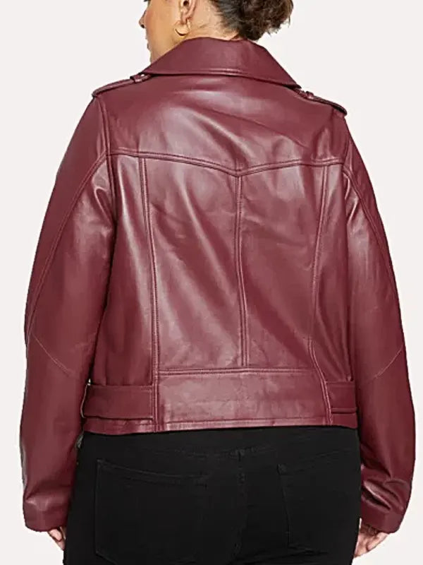 Burgundy Oversized Real Leather Biker Jacket For Women