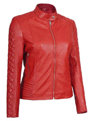 Aubrey Quilted Sleeves Red Cafe Racer Leather Jacket