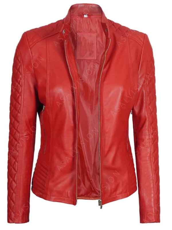 Aubrey Quilted Sleeves Red Cafe Racer Leather Jacket
