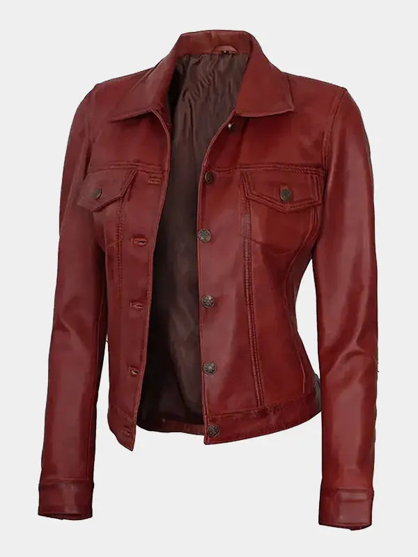 Bold & Stylish Women's Red Leather Trucker Jacket