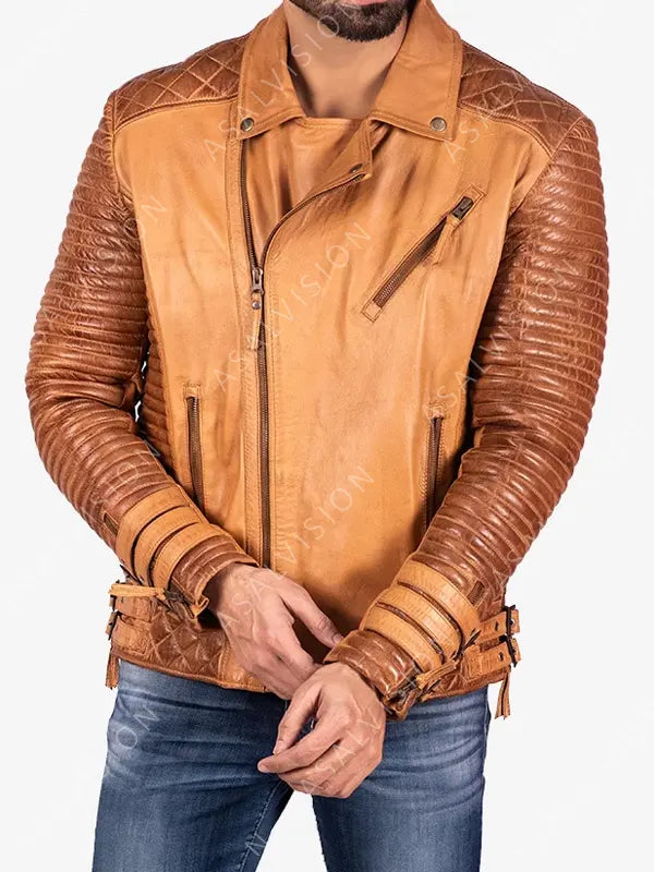 Adrian Quilted Tan Biker Leather Jacket
