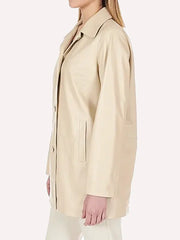 3/4 Length Beige Leather Jacket For Women