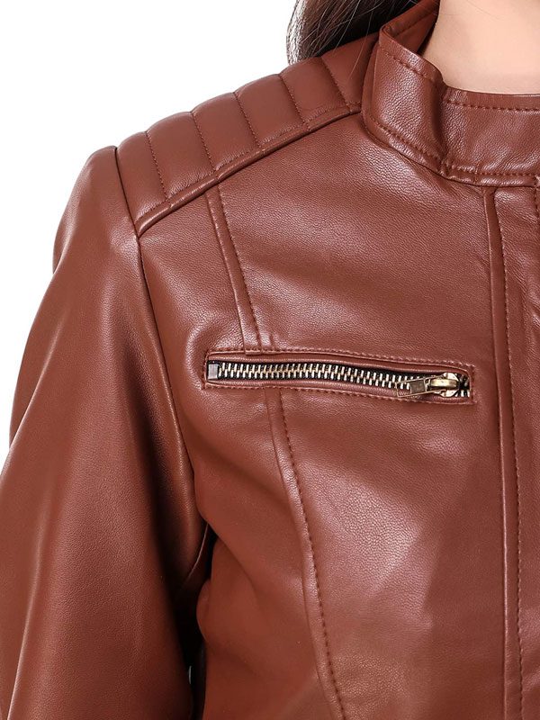 Brown Motorcycle Leather Jacket For Women's