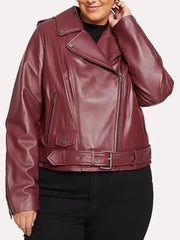 Burgundy Oversized Real Leather Biker Jacket For Women
