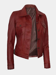 Bold & Stylish Women's Red Leather Trucker Jacket
