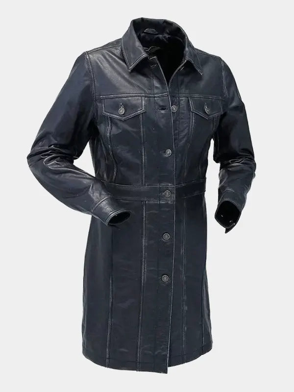 Black Vintage Leather Coat For Women